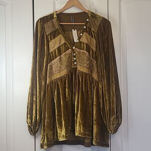 Anthropologie Long Sleeve Velvet Lace Sheer Babydoll Top Gold Chartreuse Size S